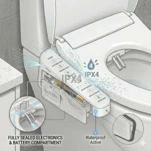 Technical drawing highlighting the IPX4 waterproof protection and sealed electronics of the battery bidet toilet seat.