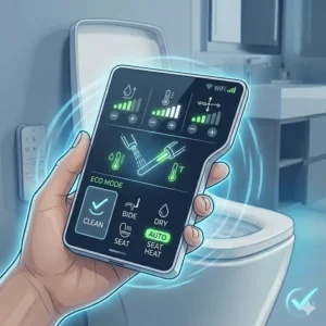 An illustration of a wireless remote control for a luxury toilet seat showing icons for water pressure and seat heat.
