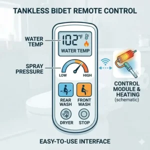 Close-up of the wireless remote control interface used for a tankless bidet toilet seat.