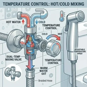 Illustration 6: Technical drawing of a hot and cold water mixing valve for a temperature-controlled bidet toilet faucet.