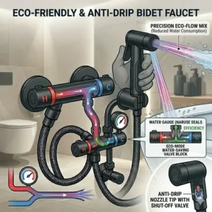 An illustrative diagram showcasing a self-cleaning bidet faucet nozzle in action.