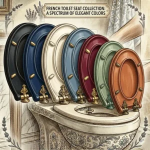 A row of vibrant french toilet seat options in different colors including matte black, navy, and cream.