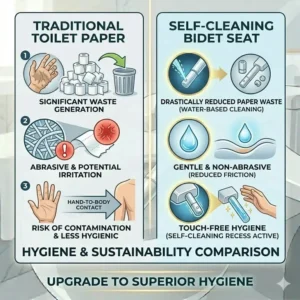 A comparison chart between traditional toilet paper and the hygiene of a self cleaning bidet seat.