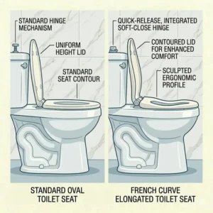 A side-by-side comparison between a regular oval seat and a contoured french curve toilet seat.