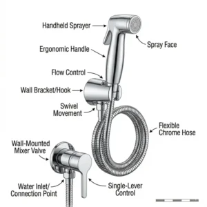 A complete wall-mounted handheld spray bidet tapware kit including hose and trigger nozzle.