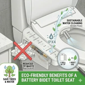 Infographic explaining how a battery bidet toilet seat helps save trees and reduces toilet paper consumption.