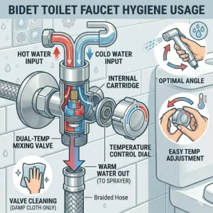 Illustration 7: Explanatory illustration showing the optimal angle and hygiene usage for a bidet toilet faucet.