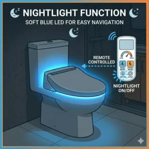 A bathroom at night highlighting the soft blue LED nightlight of a tankless bidet toilet seat.