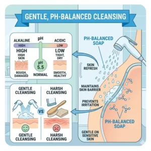 Educational graphic demonstrating the importance of using pH-balanced soap with a bidet with soap dispenser for sensitive skin.