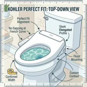 Top-down view showing a perfect alignment of the best bidet for kohler toilet on an elongated bowl.