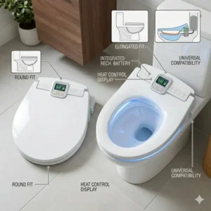 A side-by-side comparison of round and elongated versions of battery powered heated toilet seats to ensure a universal fit.
