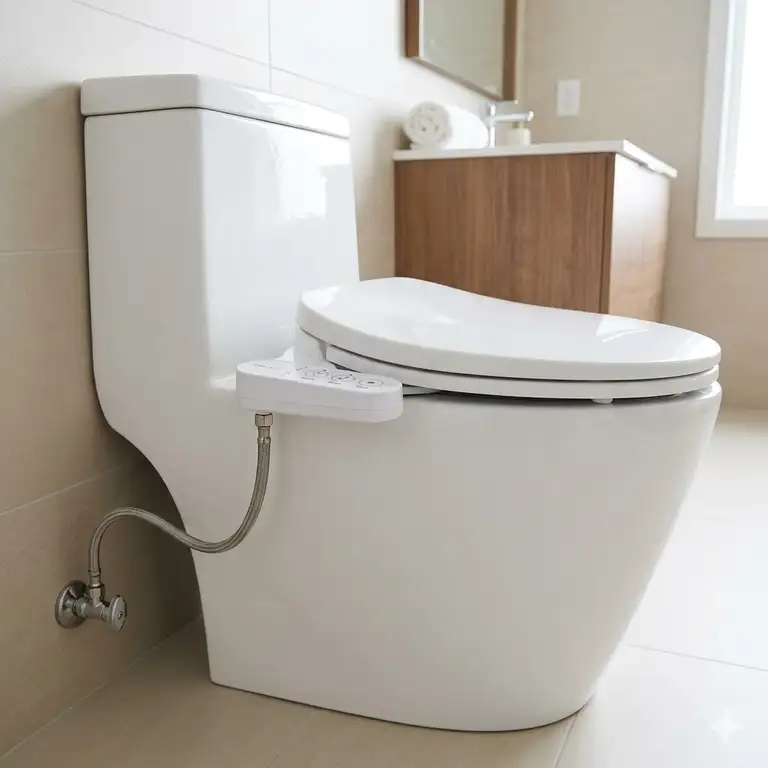 A premium bidet for curved toilet installed in a modern bathroom.