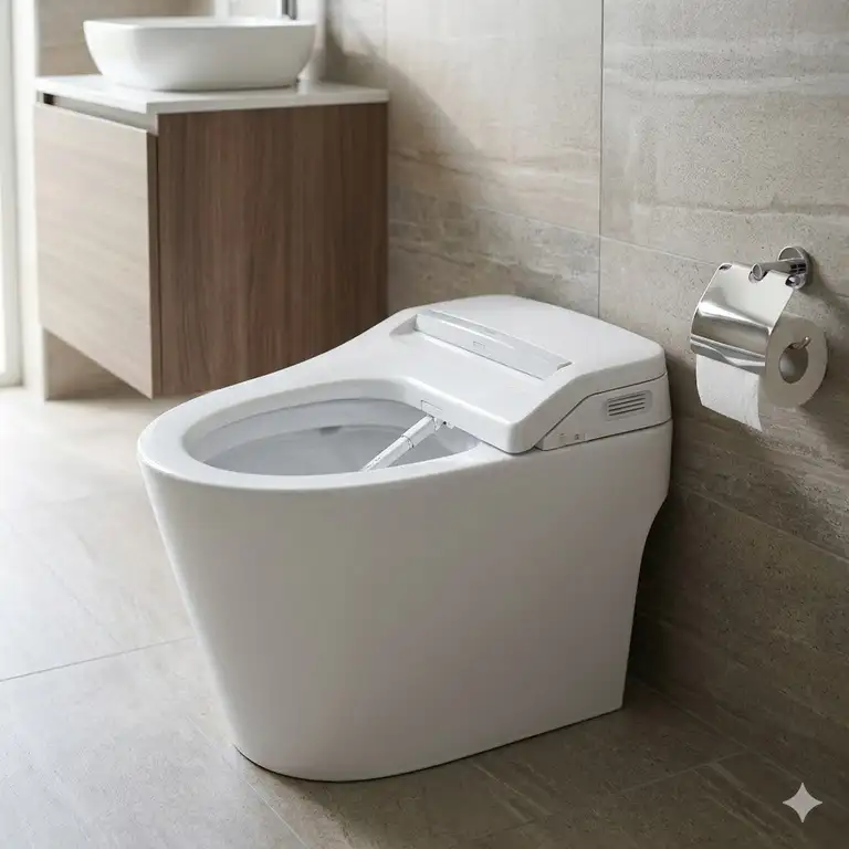 A luxury bathroom interior featuring a sleek and modern tankless toilet bidet with a minimalist design.