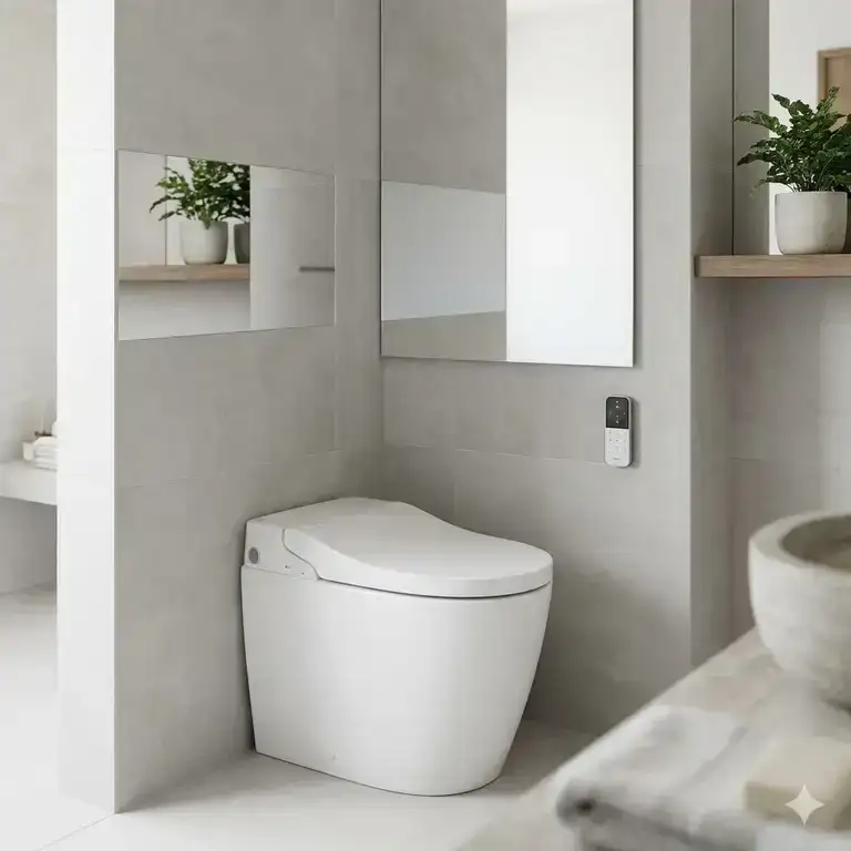 A sleek and modern luxury bathroom featuring a white tankless bidet installed against a minimalist tile wall.
