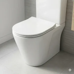 A detailed close-up shot of the sleek design of a floor mounted toilet bowl.