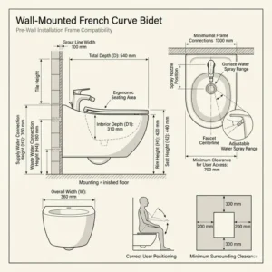 Technical drawing showing the precise dimensions and clearance for a french curve bidet installation.