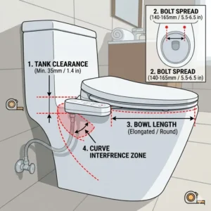 Diagram showing how to measure a bidet for curved toilet compatibility.