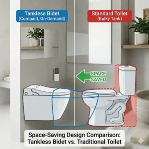 A side-by-side comparison showing the space-saving benefits of a compact tankless bidet versus a traditional toilet.