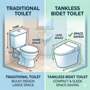 A side-by-side comparison showing how a tankless toilet bidet saves significant floor space compared to a traditional toilet.
