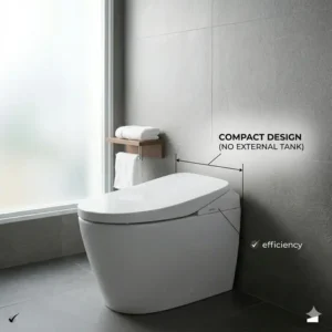Profile view showing the space-saving design of a toto tankless toilet for small bathroom layouts.