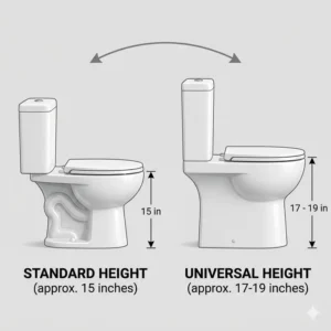 A side-by-side technical diagram comparing a standard toilet seat height to the taller universal height toilet dimensions.