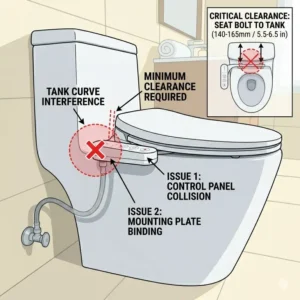 Illustration highlighting common fitment issues when installing a bidet for curved toilet.