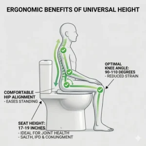 An infographic showing the ergonomic benefits of a universal height toilet for reducing joint strain during use.