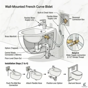 Diagram illustrating the step-by-step water line connection process for a french curve bidet.