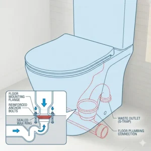 A technical diagram showing the plumbing and base connection of a floor mounted toilet.