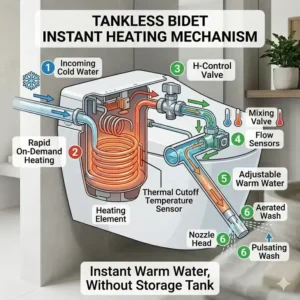 An informative technical diagram explaining the internal instant water heating mechanism of a tankless bidet.