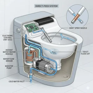 A technical diagram illustrating the direct-feed water heating system inside a high-tech tankless toilet bidet.
