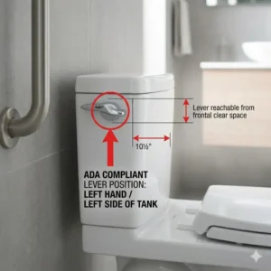 Close-up view of the easy-to-reach left-hand trip lever found on toto ada toilets.