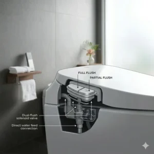Technical diagram of the dual flush system integrated into a toto tankless toilet.