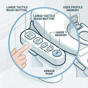 Close-up of the easy-to-use side control panel on a bariatric bidet.