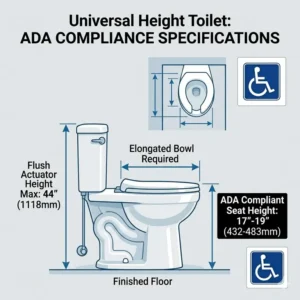 Technical drawing highlighting the specific seat height and measurements required for an ADA-compliant universal height toilet.