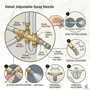 Close-up illustration of the adjustable spray nozzle and water pressure control on a french curve bidet.