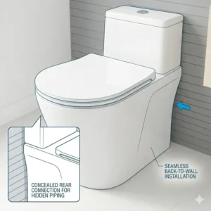 A seamless back-to-wall floor mounted toilet with a concealed rear connection.