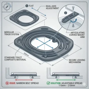 Technical drawing of an adjustable mounting plate for a bidet for curved toilet.