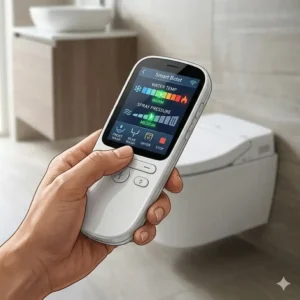 A close-up view of a smart remote control used to adjust settings on a professional tankless toilet bidet.