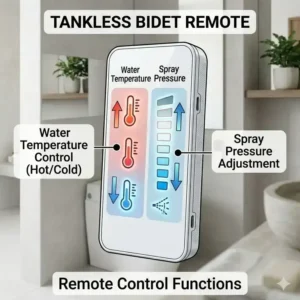 A detailed close-up of the smart remote control interface used to adjust settings on a tankless bidet.