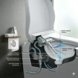 Close-up illustration of the Washlet bidet functions on a toto tankless toilet.