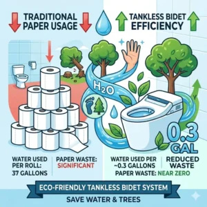 An informative infographic highlighting the environmental benefits and water efficiency of a tankless toilet bidet.