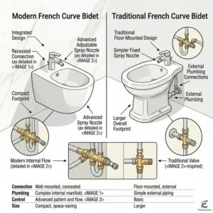 A side-by-side comparison between a modern french curve bidet and a traditional bidet model.