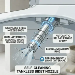 A high-tech graphic illustrating the automatic self-cleaning stainless steel nozzle of a tankless bidet.
