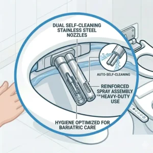 Detailed view of the dual self-cleaning nozzles inside a bariatric bidet.