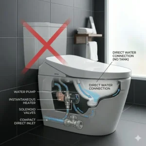 Internal view showing the direct water connection of a toto tankless toilet without an external tank.