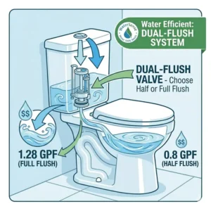 An interior view showing the dual-flush water-saving mechanism of a high-efficiency universal height toilet.
