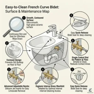 Maintenance map showing the easy-to-clean ceramic surfaces of a french curve bidet
