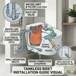 A step-by-step visual guide for the water line and electrical installation requirements of a tankless bidet.