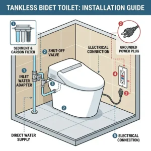 A simplified plumbing and electrical diagram for the correct installation of a home tankless toilet bidet.